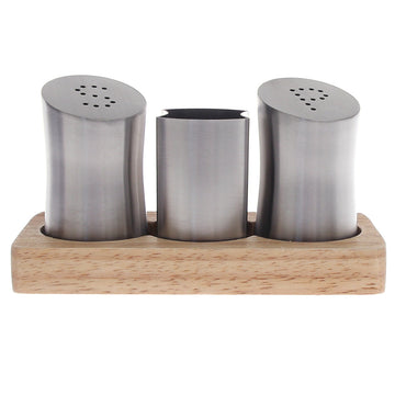 3 Pcs Salt & Pepper Set – SY-13 |  Stainless Steel with Wooden Base