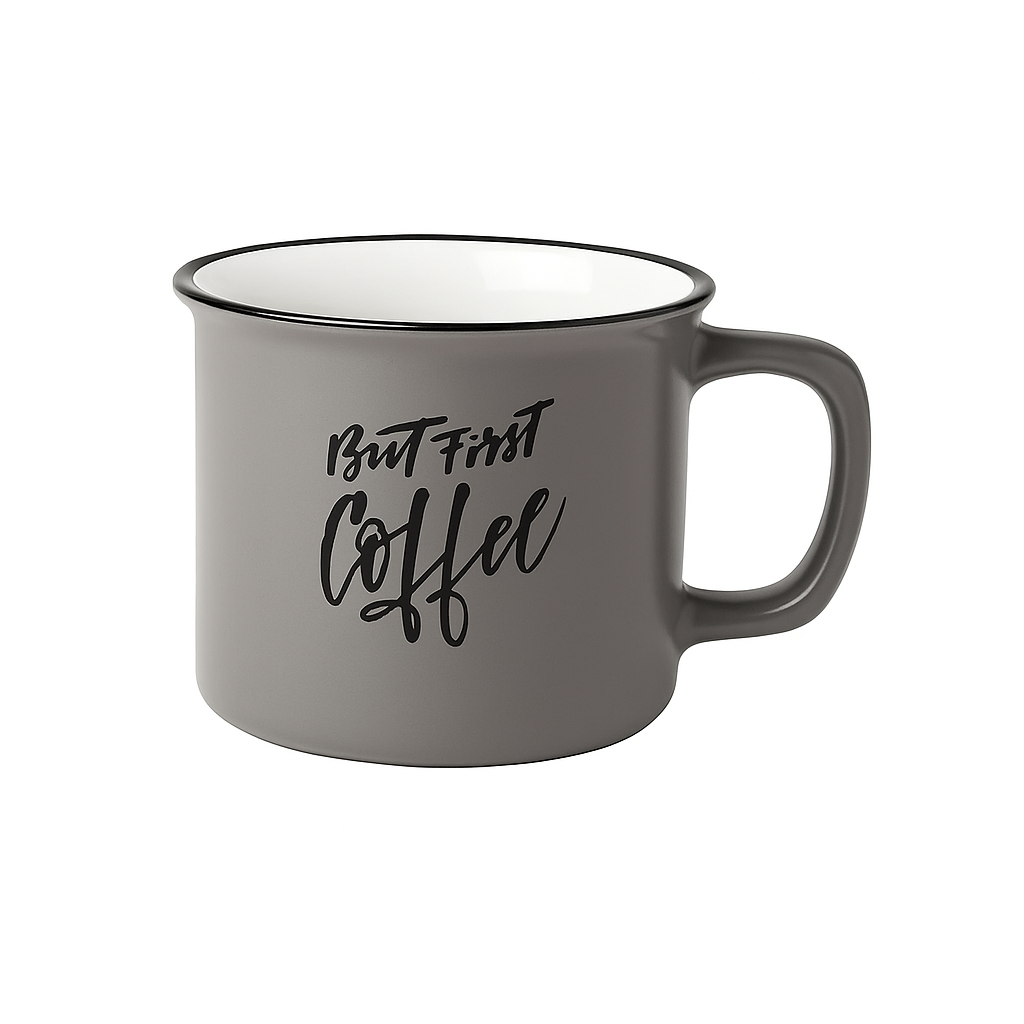 Matte Grey Ceramic Coffee Mug “But First Coffee”