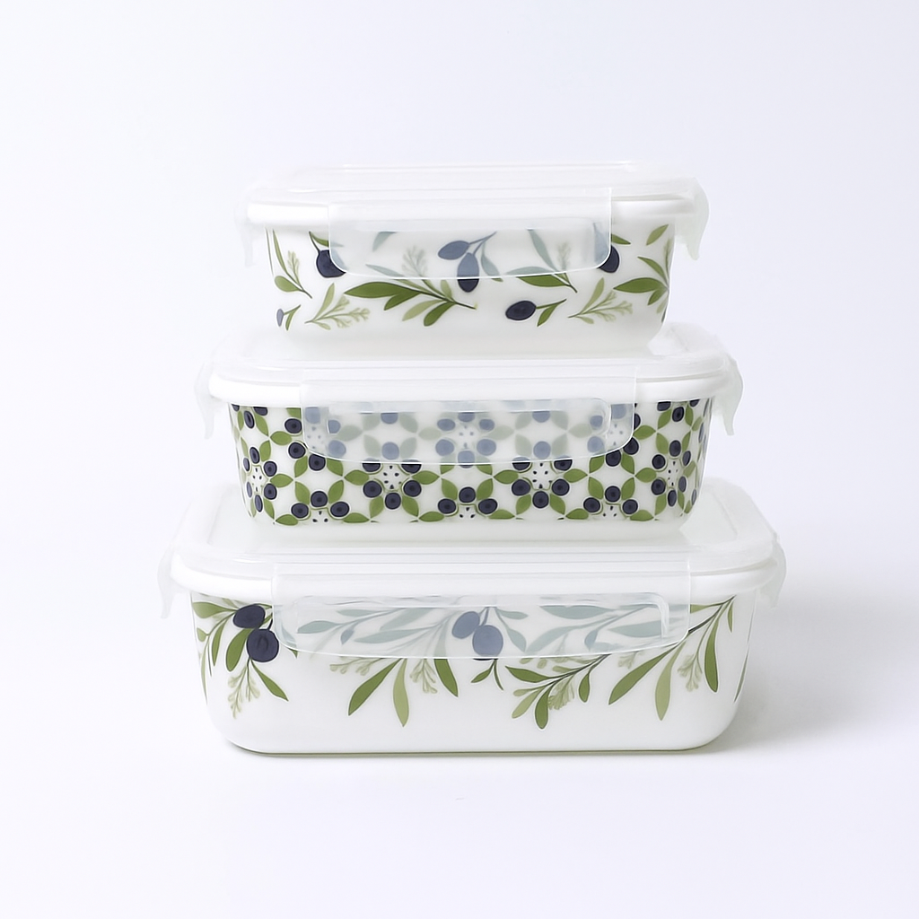 3-Piece Blue Olive Print Airtight Food Storage Container Set – BPA-Free, Leakproof, Microwave Safe Kitchen Organizer
