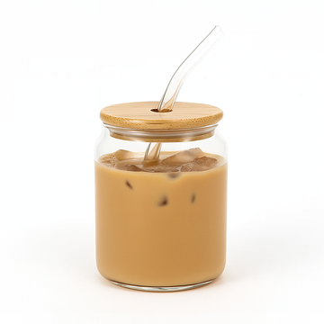 Bubble Tea Glass Cup 500ml with Bamboo Lid Glass Straw