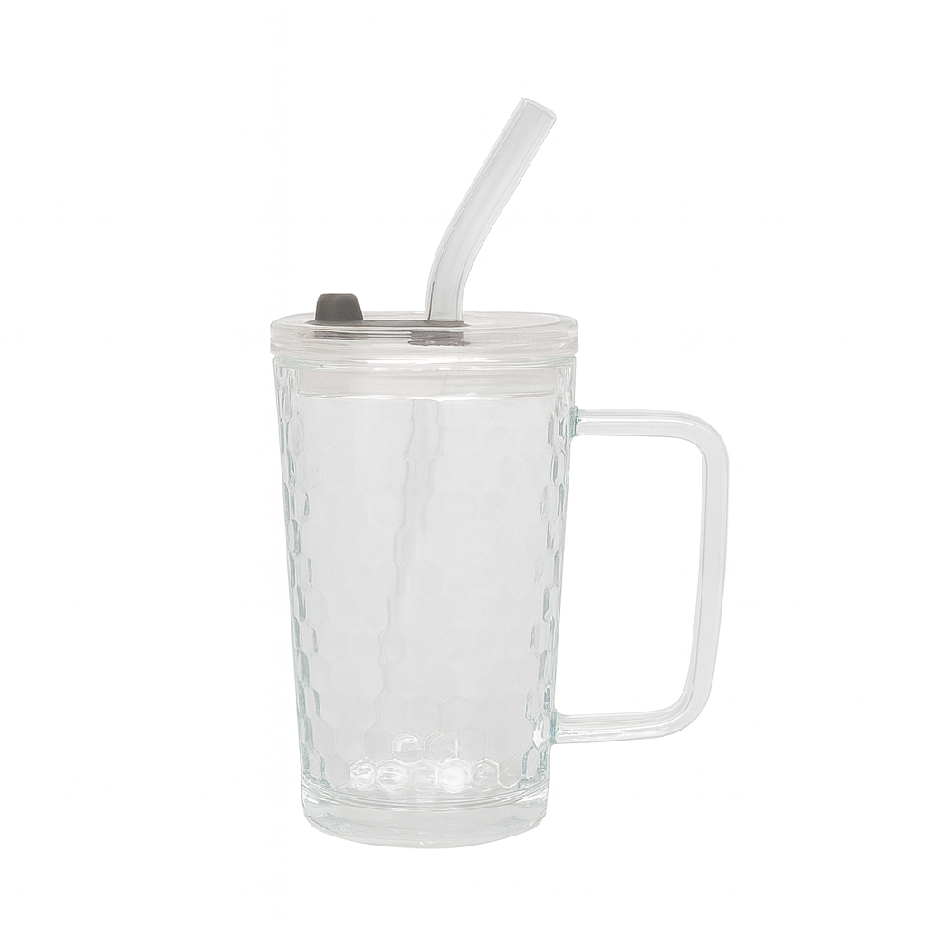 250ml Straw Glass – Clear Textured Borosilicate with Handle, Lid & Reusable Straw