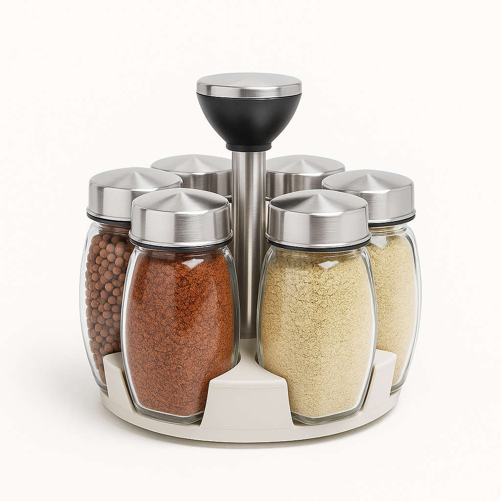 Glass Spice Rack Set – 6 Pieces with Rotating Stand
