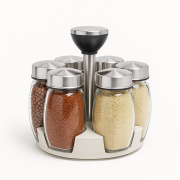 Glass Spice Rack Set – 6 Pieces with Rotating Stand