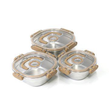 3 Pcs Steel Storage Box Set – Airtight with Transparent Lid (Tan Clips) – 700ml | 1000ml | 1400ml